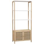 Estante para Casa de Banho de Bambu com 3 Prateleiras Abertas Estante de Arrumação Casa de Banho com Portas Ripadas 63x30x138 cm Madeira e Branco