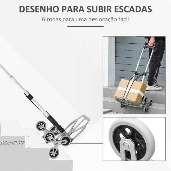 Carrinho de Mão Portátil para Escadas com 6 Rodas Capacidade 70 kg para Entregas Armazéns Mercado Mudanças Prata e Preto