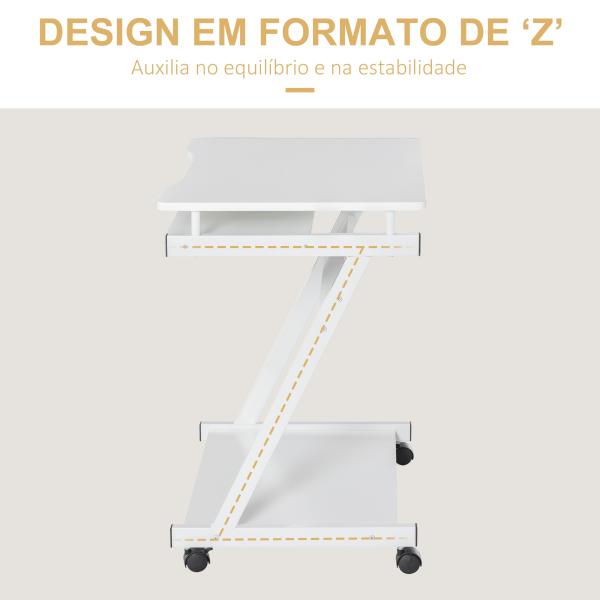 Mesa de Computador com Rodas 60x48 cm com Gaveta Deslizante para Teclado e Prateleira Inferior Estrutura Metálica Branca