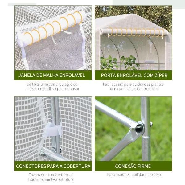 Estufa Tipo Túnel 595x300x200cm Estufa de Jardim Grande com 12 Janelas e Porta Enrolável com Zíper para Cultivo de Plantas Branco