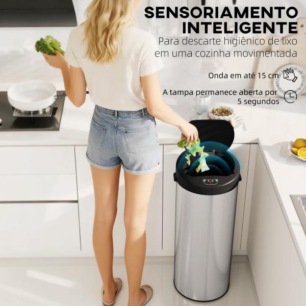 Balde de Lixo de Cozinha Automático 55 L em Aço Inoxidável com Sensor Infravermelho Fechamento Suave 32x30x78,5 cm Prateado