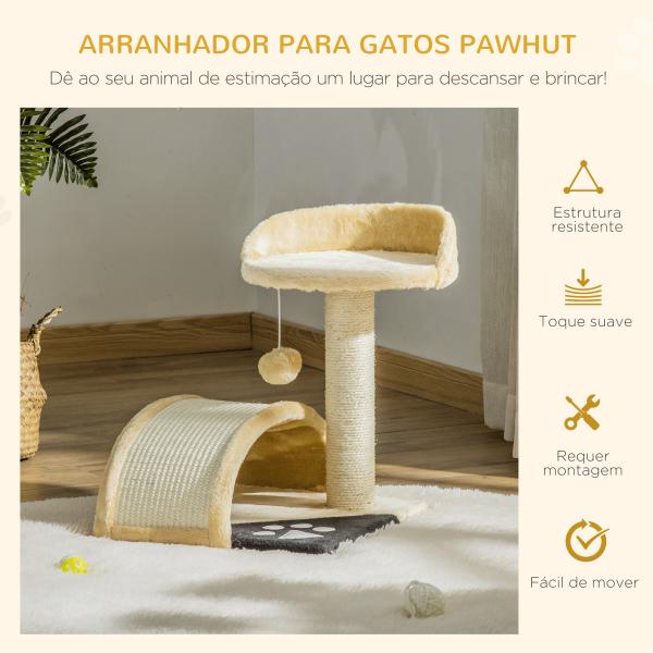 Árvore Arranhador para Gatos de 2 Níveis com Poste e Tapete de Arranhar Cama e Bola Suspensa 35,5x37x46 cm Bege