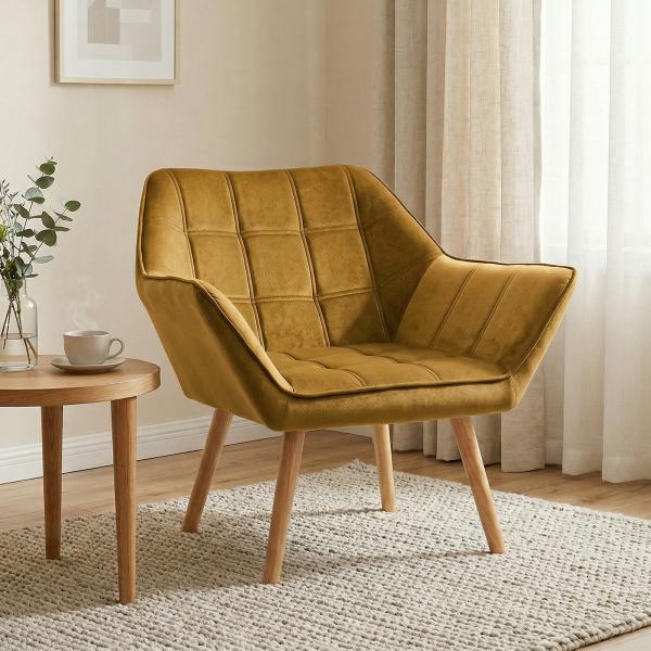 Poltrona Moderna de Sala Estofada em Veludo com Pés de Madeira para Sala de Estar Amarelo