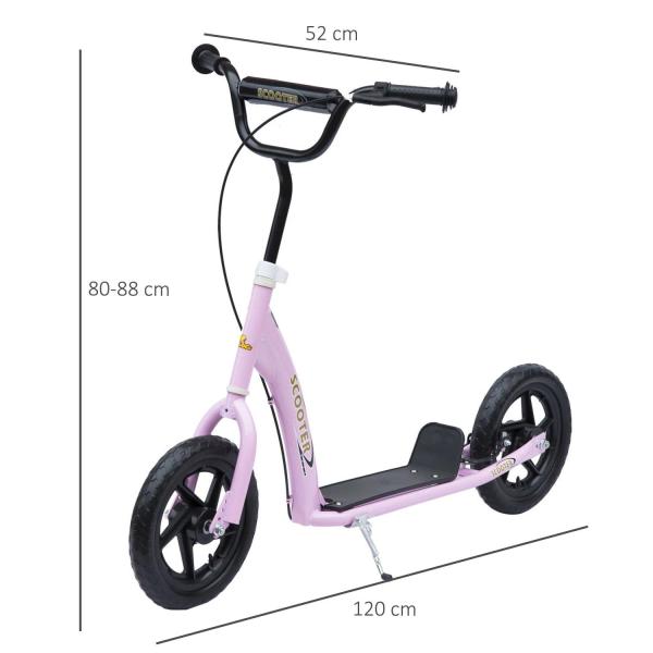 Trotinete para Crianças acima de 5 anos Scooter de 2 Rodas Grandes de 12 Polegadas com Freio e Guidão Ajustável em Altura Carga Máx. 50kg 120x52x80 - 88cm Rosa