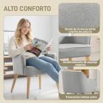 Poltrona Estilo Nórdico Estofada em Linho com Pés de Madeira para Dormitório Escritório Estúdio 64,5x65x79,5 cm Cinzento