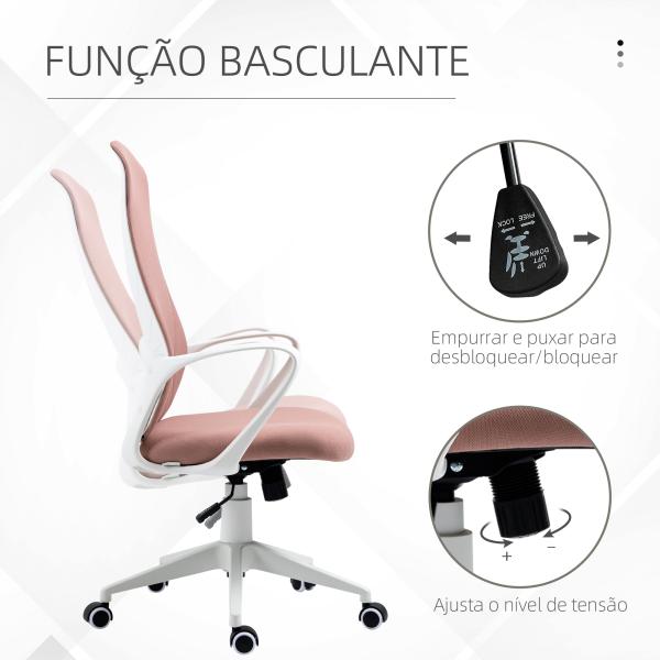 Cadeira de Escritório Ergonómica com Altura Ajustável Função de Inclinação e Encosto Alto 62x56x110 - 119,5 cm Rosa