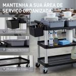 Carrinho de Limpeza com Rodas com 3 Prateleiras 2 Contentores e Balde Lateral Suspenso Carga 100 kg Preto.