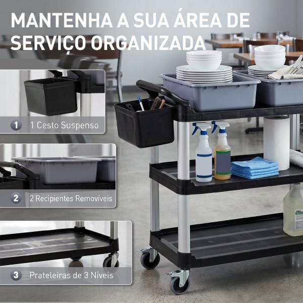Carrinho de Limpeza com Rodas com 3 Prateleiras 2 Contentores e Balde Lateral Suspenso Carga 100 kg Preto.