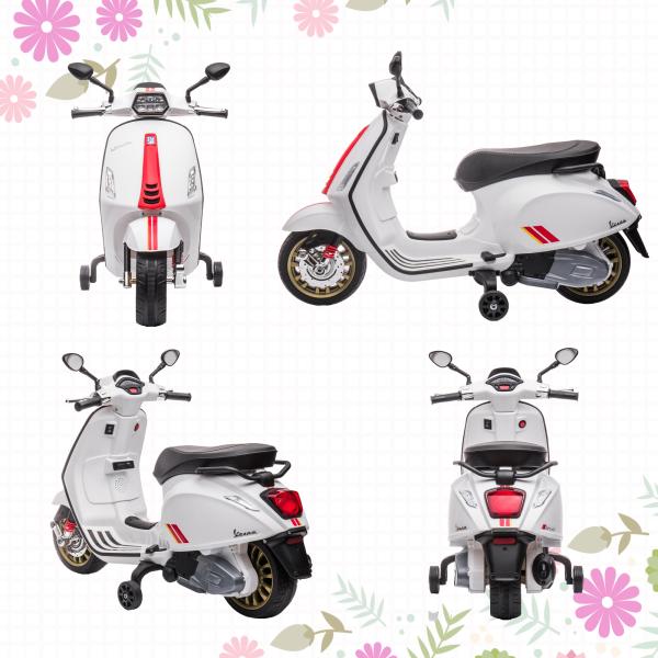 Moto Elétrica para Crianças de 3 - 6 Anos com Licença Vespa com USB MP3 Luz LED Rádio FM Velocidade 3 km/h Carga 35 kg Branco