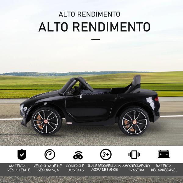 Bentley GT elétrico licenciado para crianças de 3 - 5 anos 2 velocidades com controle remoto farois musica preto