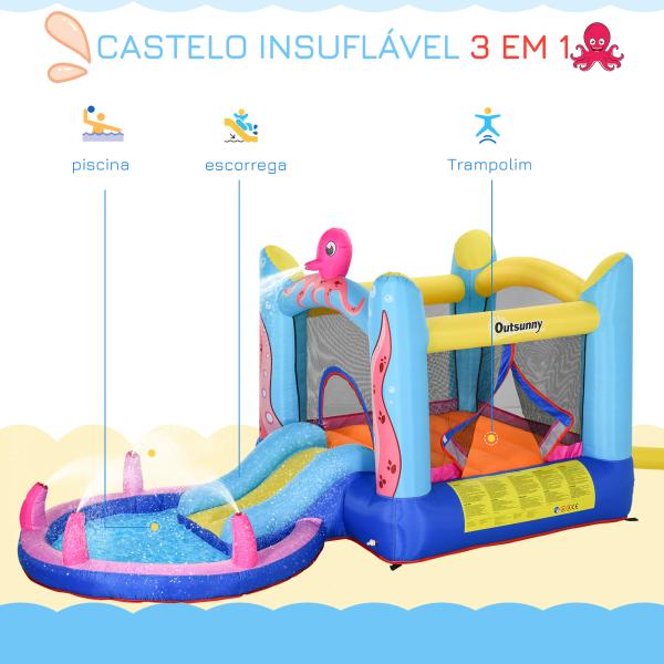 Castelo Insuflável com Escorrega Trampolim e Piscina para Crianças acima de 3 Anos Inclui Insuflador e Bolsa de Transporte para Interior e Exterior 360x175x180cm Multicor