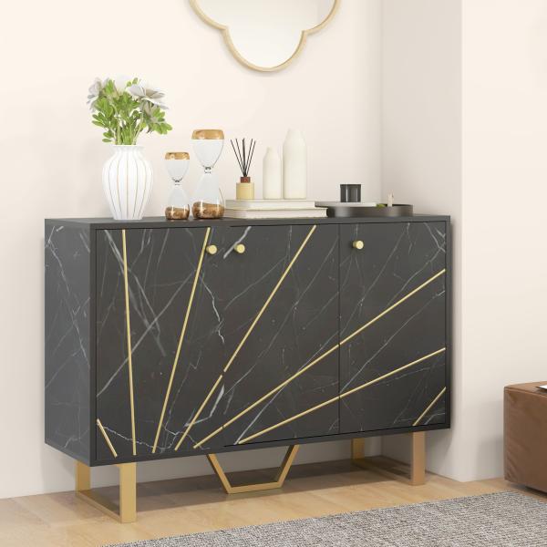 Aparador de Sala de Estar com 2 Armários e Prateleira Interior Ajustável com Efeito Mármore 107x35x75 cm Preto e Dourado