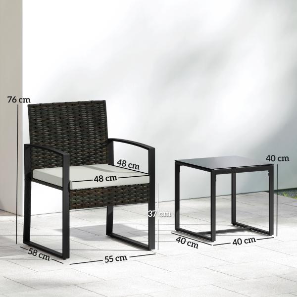Conjunto de Móveis de Exterior de 3 Peças em Vime PE com Cadeiras Mesa de Vidro Temperado e Almofadas Marrom e Creme