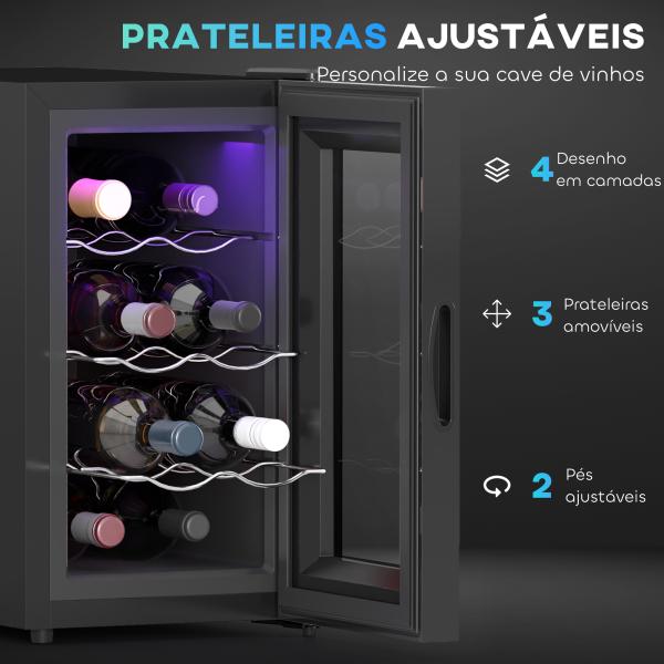 Cave para Vinhos com Refrigeração Termoelétrica Dupla Temperatura Ajustável 8 - 18℃ Porta de Vidro Anti - UV Ecrã LED Tátil Luz Interior 26,5x51,5x47,5 cm Preto