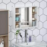Armário de Espelho com Espaço Interno com Prateleiras Ajustáveis ​​Armário de Banheiro com Prateleiras Abertas 60x14,5x49,4 cm Branco e Carvalho
