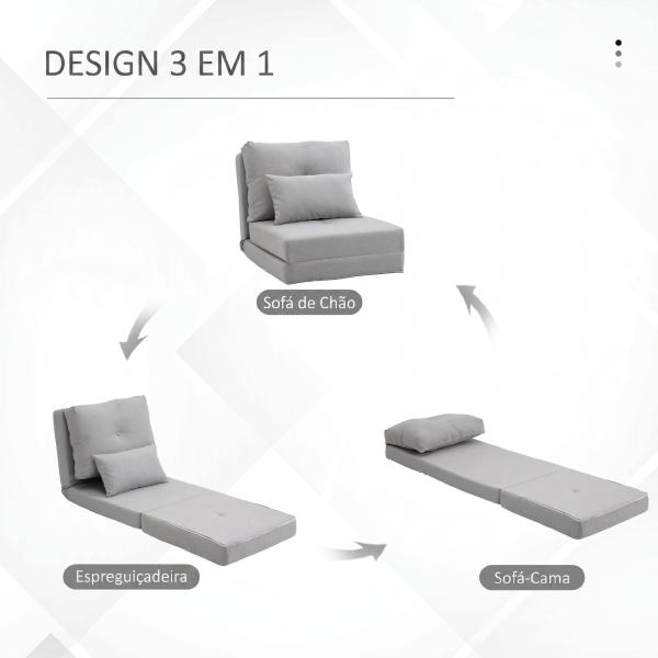 Sofá - Cama Individual Dobrável Revestido em Linho com Encosto Ajustável 5 Posições 1 Almofada Cinzento Claro