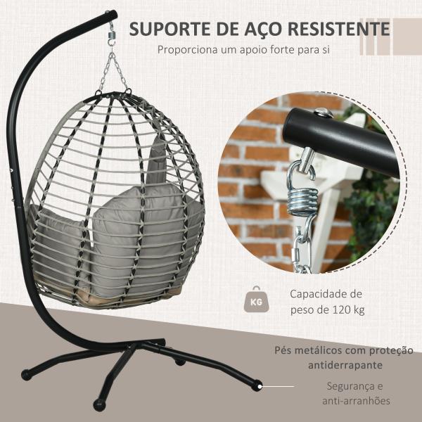 Cadeira Supensa com Suporte com Cesta Dobrável Almofada e Apoio para a Cabeça 110x100x188 cm Cinza e Preto