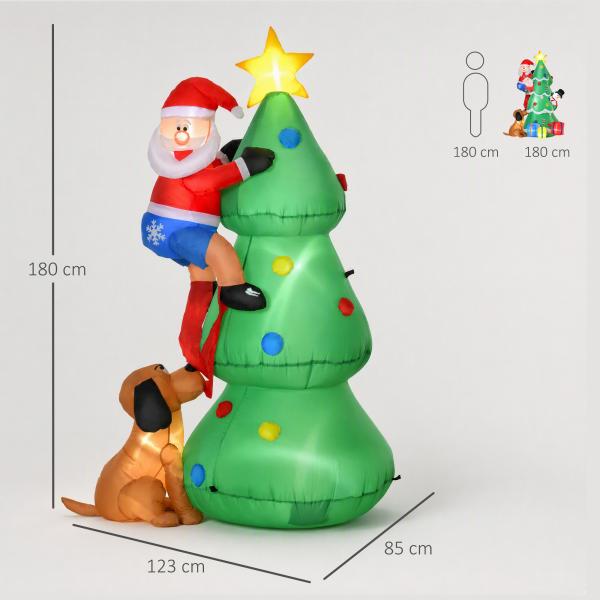 Árvore de Natal insuflável 180 cm com luzes LED, Pai Natal e cão, para interior e exterior, multicolor