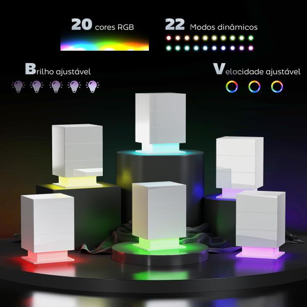Mesa de Cabeceira com Faixa de Luz LED Multicolor Mesa Auxiliar com 3 Gavetas Estilo Moderno 40x35x60 cm Branco Brilhante