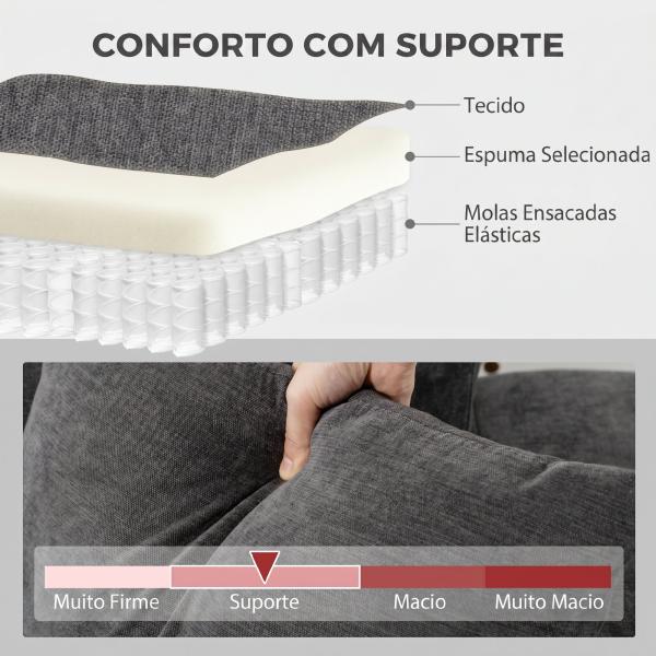 Sofá Chaise Longue Reversível 3 Lugares com 2 Almofadas Estofado em Linho e Estrutura em Aço 242x156x87 cm Cinzento Escuro