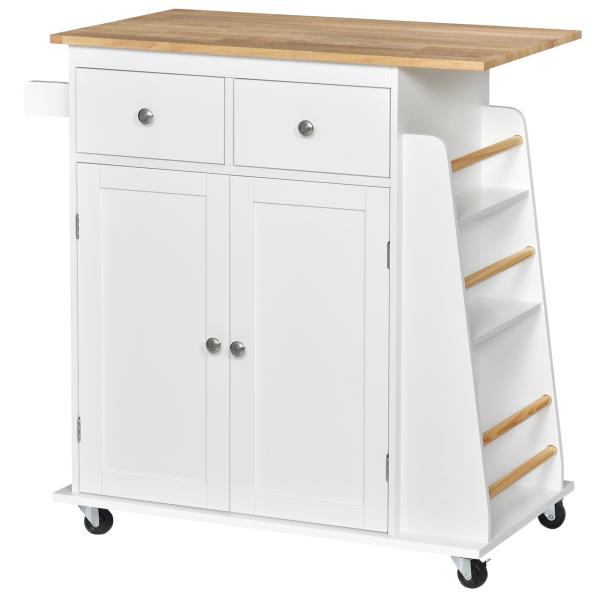 Carrinho de Cozinha Auxiliar com Rodas Carrinho de Cozinha com 2 Gavetas Armário de Armazenamento Prateleira Interior Ajustável 3 Suportes para Temperos e Barra de Pendurar 89x45x89,5cm Branco
