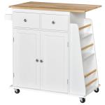Carrinho de Cozinha Auxiliar com Rodas Carrinho de Cozinha com 2 Gavetas Armário de Armazenamento Prateleira Interior Ajustável 3 Suportes para Temperos e Barra de Pendurar 89x45x89,5cm Branco