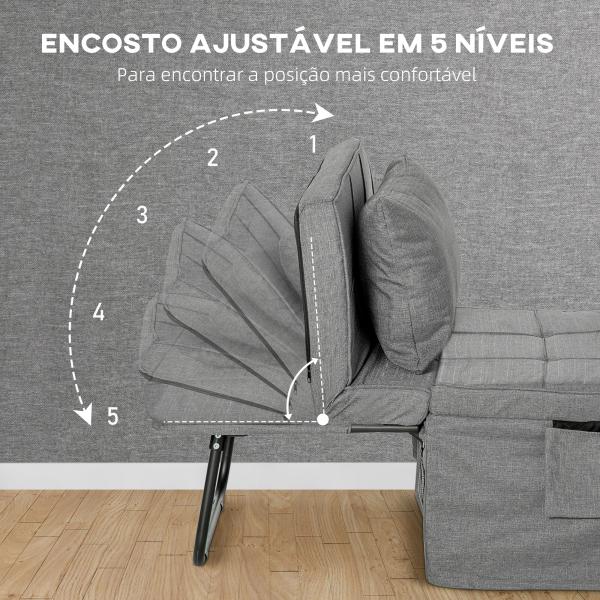 Sofá Cama 4 em 1 Estofado em Linho com Encosto Ajustável em 5 Níveis e Almofada Acolchoada 75x80x74 cm Cinza