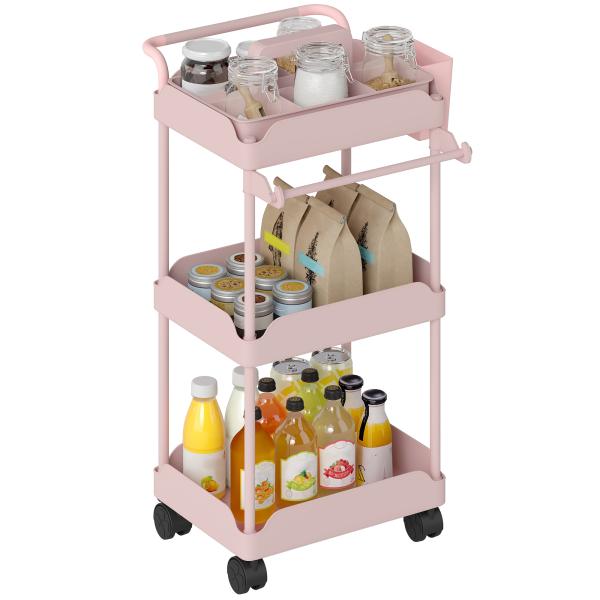 Carrinho Auxiliar com Rodas de 3 Níveis com Cestos Extraíveis Suporte para Toalhas e Estrutura de Metal 42x42,5x76 cm Rosa