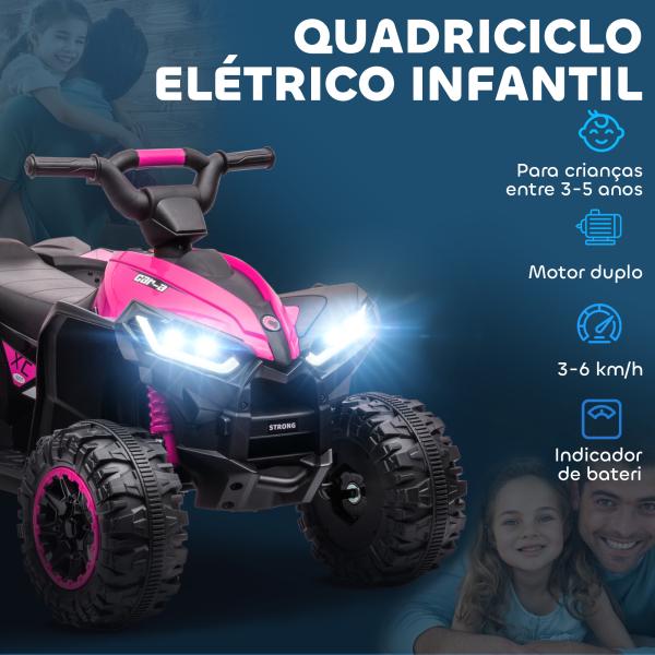 Quadriciclo Elétrico para Crianças de 3 - 5 Anos Veículo Eléctrico a Bateria 12V com 2 Motores 83x53x55,5 cm Rosa
