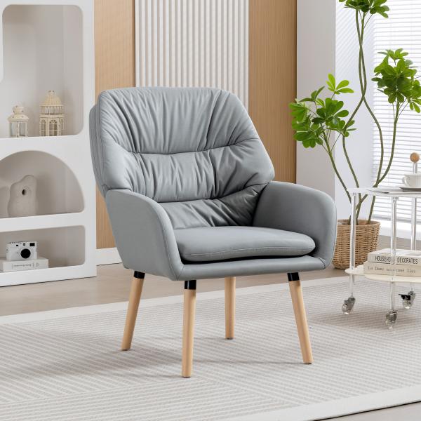Poltrona de Sala de Estar Moderna Acolchoada de Dupla Camada Estofada em Couro Sintético Pés de Madeira 68x74x89 cm Cinza