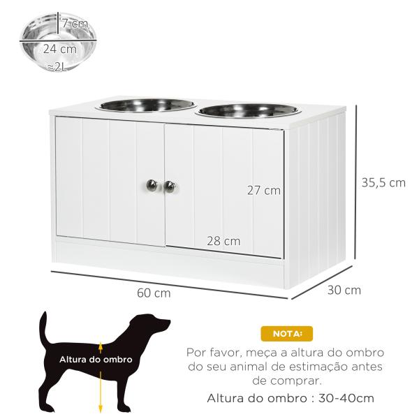 Comedouro Elevado para Cães Grandes com 2 Tigelas de 2000ml de Aço Inoxidável 2 Portas e Armazenamento 60x30x35,5cm Branco