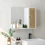 Espelho de Casa de Banho 60x50 cm Espelho de Parede com Porta de Ripas de Bambu Prateleiras de Arrumação Branco e Madeira