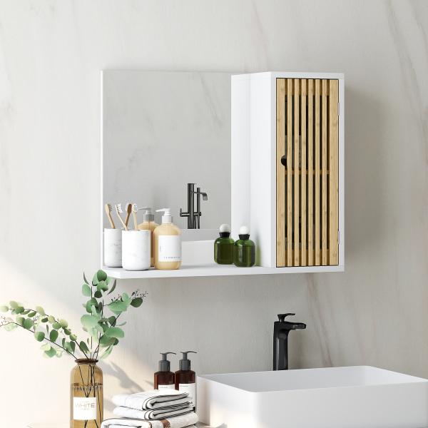 Espelho de Casa de Banho 60x50 cm Espelho de Parede com Porta de Ripas de Bambu Prateleiras de Arrumação Branco e Madeira