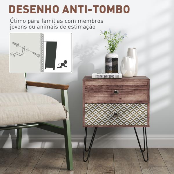 Mesa de Cabeceira com 2 Gavetas Pés de Aço Estilo Boémio Mesa de Cabeceira para Quarto Sala de Estar 45x39x55,5 cm Marrom