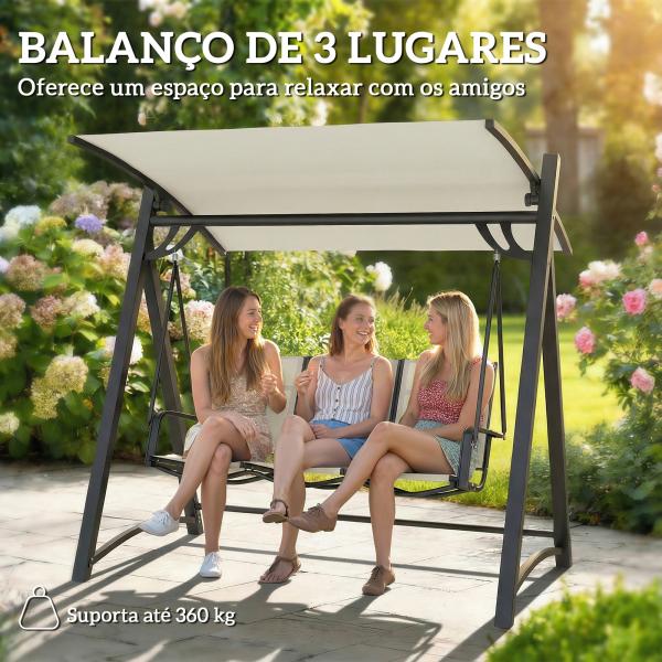 Baloiço de Jardim de 3 Lugares com Teto Ajustável UPF50+ Assento Transpirável e Estrutura em Metal 188x130x183 cm Creme
