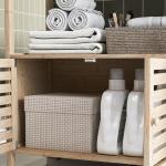 Estante para Casa de Banho de Bambu com 3 Prateleiras Abertas Estante de Arrumação Casa de Banho com Portas Ripadas 63x30x138 cm Madeira e Branco