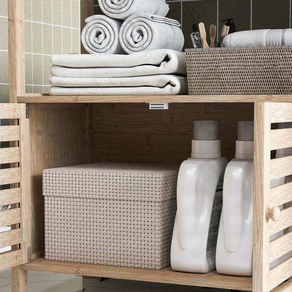 Estante para Casa de Banho de Bambu com 3 Prateleiras Abertas Estante de Arrumação Casa de Banho com Portas Ripadas 63x30x138 cm Madeira e Branco