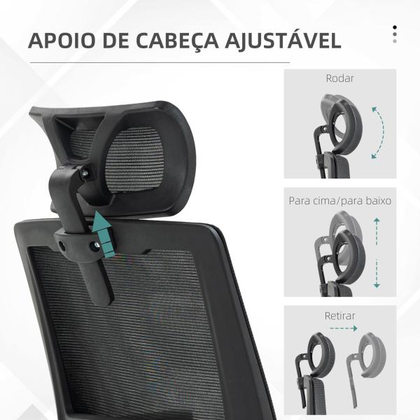 Cadeira de Escritório de Malha Confortável Giratória com Altura e Apoio para a Cabeça Ajustáveis Apoio Lombar Preto 60x61x104,5 - 121,5 cm