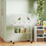 Gaiola para Pássaros com Divisória Rodas Gaiola para Aves com Comedouros Poleiros e Bandeja Removível 76x46x116 cm Branco