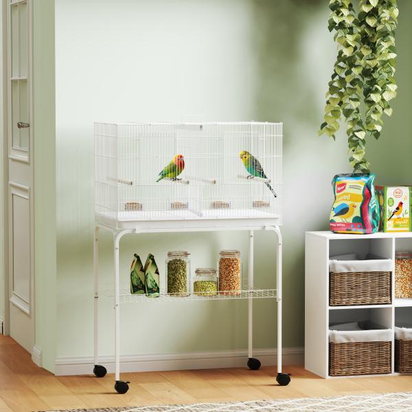 Gaiola para Pássaros com Divisória Rodas Gaiola para Aves com Comedouros Poleiros e Bandeja Removível 76x46x116 cm Branco