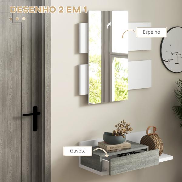 Conjunto de Móveis de Entrada com Espelho e Gaveta Móvel de Entrada Suspenso Estilo Moderno 75x3,5x75 cm e 75x30,5x20 cm Branco e Cinza