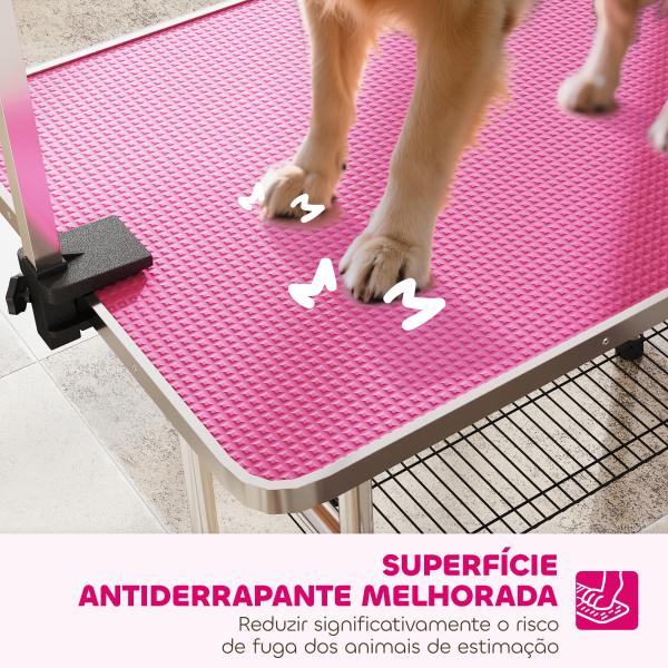 Mesa de Tosquia para Cães Dobrável Mesa de Higiene com Prateleira Metálica Superfície Antiderrapante 107x60x164 cm, Rosa
