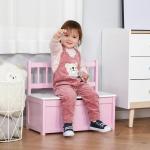 Baú de Brinquedos Banco de Armazenamento Infantil de Madeira de Pinho com Tampa de Amortecimento e Encosto Alto 60x30x50 cm Rosa