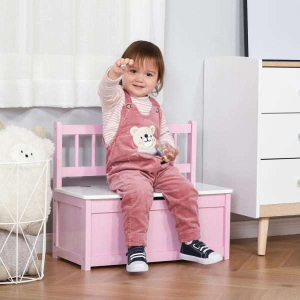 Baú de Brinquedos Banco de Armazenamento Infantil de Madeira de Pinho com Tampa de Amortecimento e Encosto Alto 60x30x50 cm Rosa