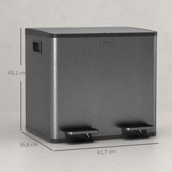 Caixote do Lixo de Cozinha em Aço Inoxidável com 2 Compartimentos 2x15L, Pedal, Tampas de Fecho Suave e Baldes Amovíveis - Preto