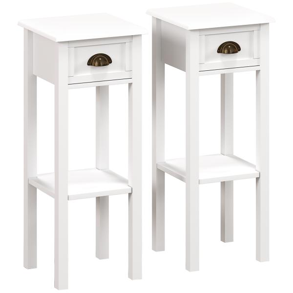 Conjunto de 2 Mesas Auxiliares Mesas de Cabeceira com Gaveta e Prateleira de Armazenamento para Quarto 30x30x75 cm Branco