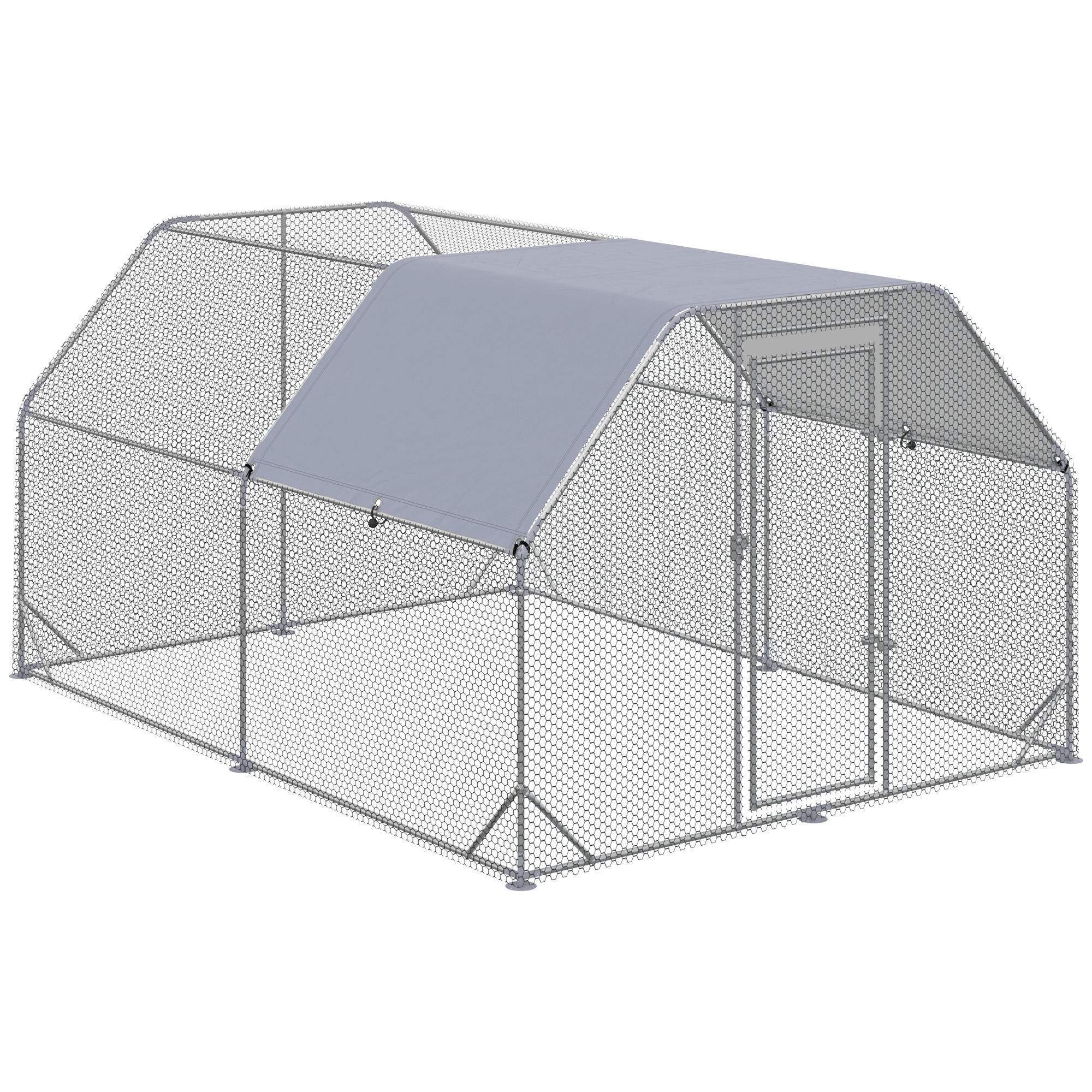 Galinheiro para Exterior Grande de Aço Galvanizado 280x380x195 cm Gaiola para Galinhas com Cobertura de Tecido Oxford Prata