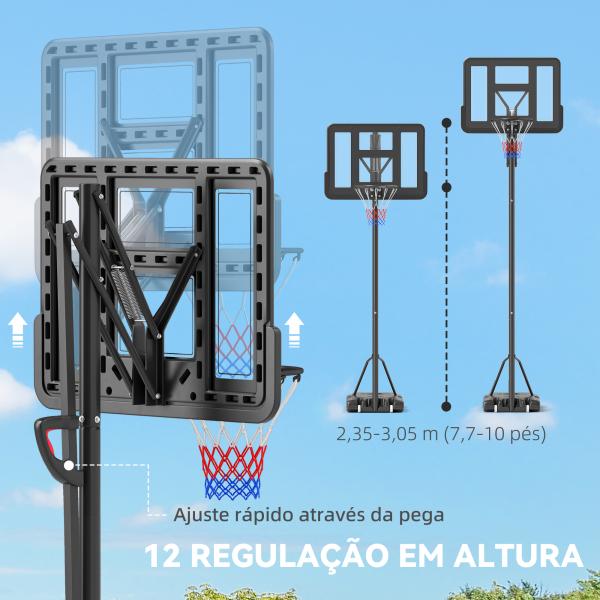Tabela de Basquetebol de Exterior com Altura Ajustável Suporte Rodas Base Recarregável e Bolsa de Peso 90x60x305 cm Preto