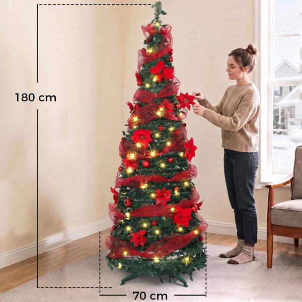 Árvore de Natal Artificial 180 cm com 150 Luzes LED 200 Ramos 11 Modos Bolas Fitas e Suporte Dobrável Verde e Vermelho