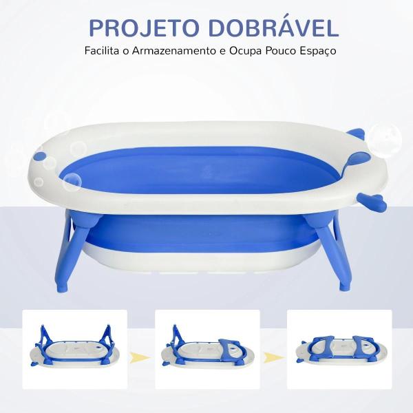 Banheira para Bebé Recém Nascido até 3 Anos Dobrável 30 Litros com Tampa Termossensível e Almofada Confortável Almofadas Antiderrapantes 81,5x50,5x23,5cm Azul e Branco